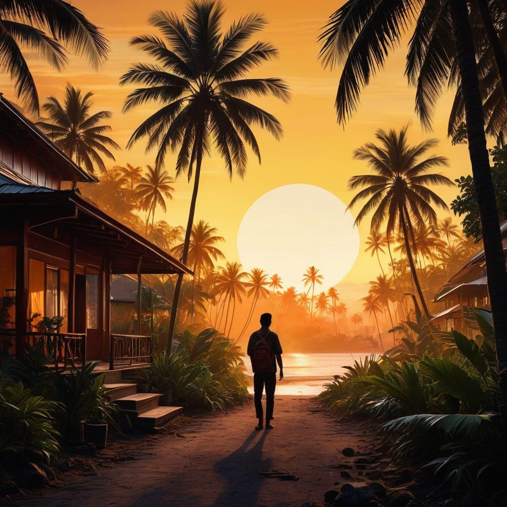 An artistic representation of the Indonesian adult film scene, showcasing vibrant film sets with palm trees, traditional Indonesian architecture, and silhouettes of filmmakers at work. Include elements like a film reel and camera, accentuating modern trends while harmonizing with cultural nuances. The palette should evoke a sense of allure and creativity. cinematic style. vibrant colors. 3D.