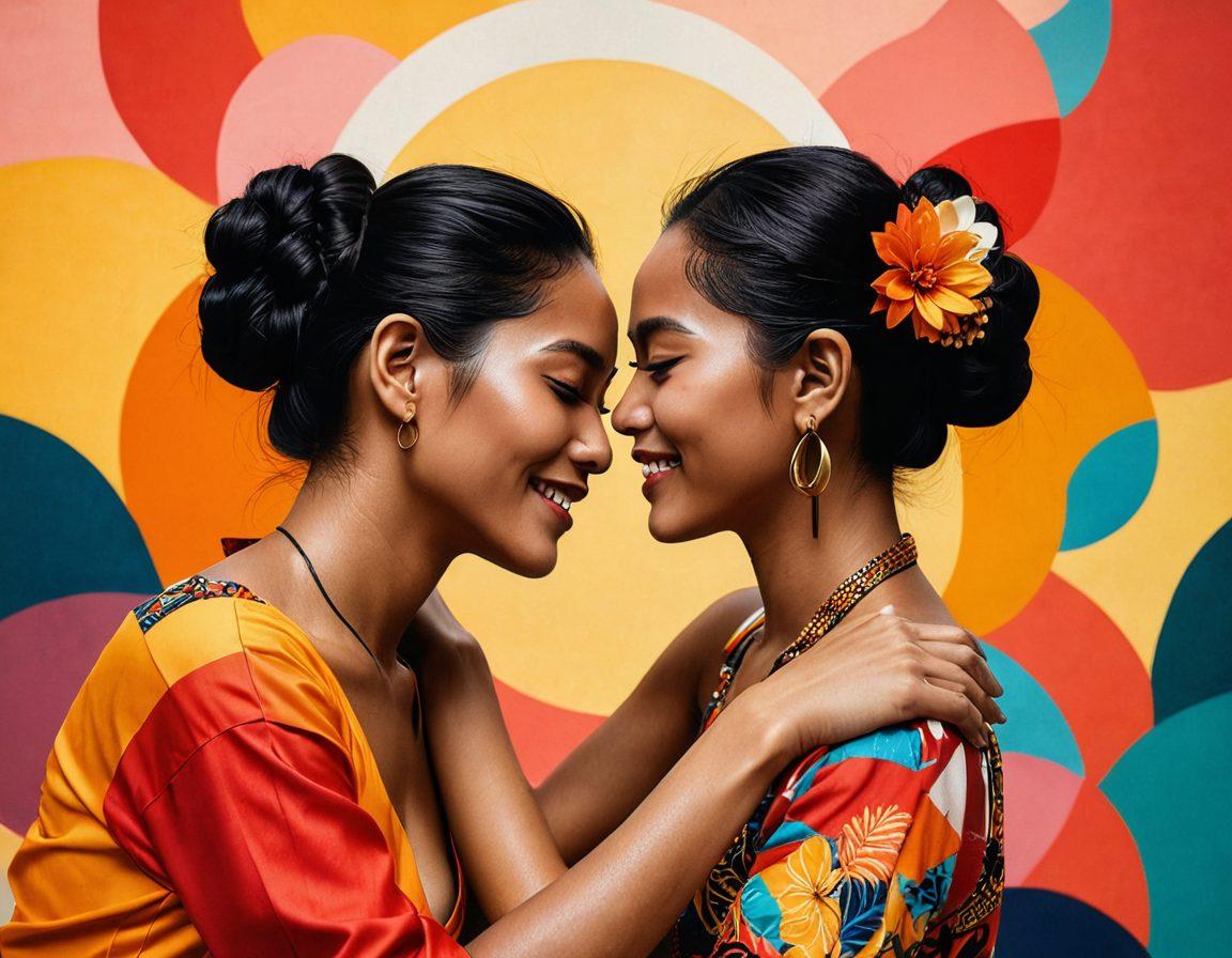 A vibrant collage illustrating sex positivity in Indonesia, featuring diverse individuals celebrating freedom and self-expression in intimate settings, with cultural elements like traditional Balinese motifs and modern art. Warm colors evoke a sense of joy and acceptance, with abstract representations of love and intimacy. super-realistic. vibrant colors. cultural fusion.
